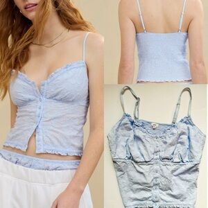 Aerie ‎ Embroidered Lace Button-Up Top Women’s Sz XXL Light Blue Cotton